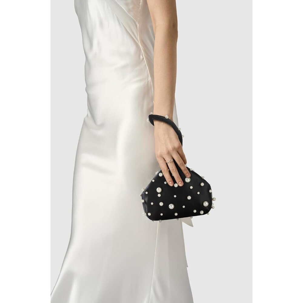 ⚡Women's Black‎ White Satin Fabric Triangle Pearl Wedding Prom Party Clutch Bag